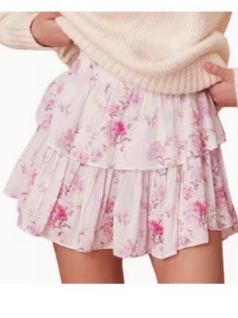 White Floral Tiered Mini Skirt with Light Pink Flowers NWOT